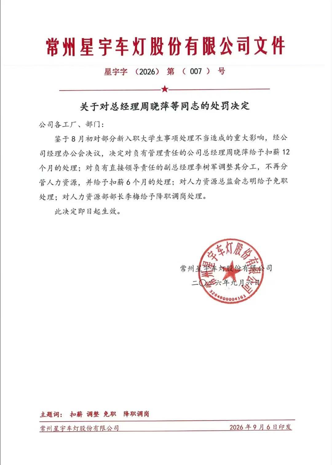 星宇内部通报处罚管理层 周晓萍被扣薪12个月配图